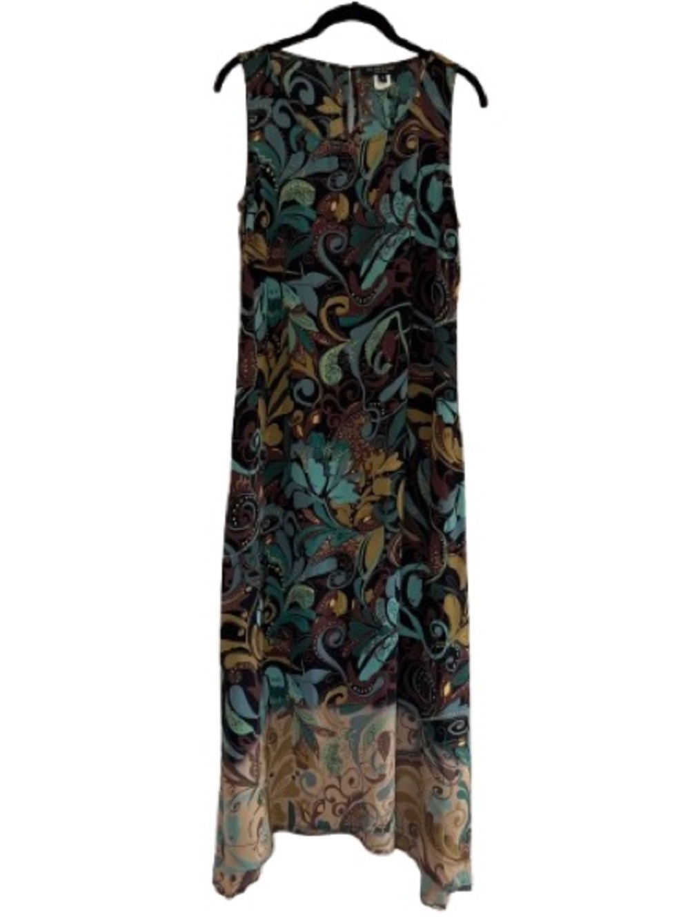 Citron Floral Rayon Sleeveless Midi Dress Brown Blue Sharkbite Hem Boho Summer